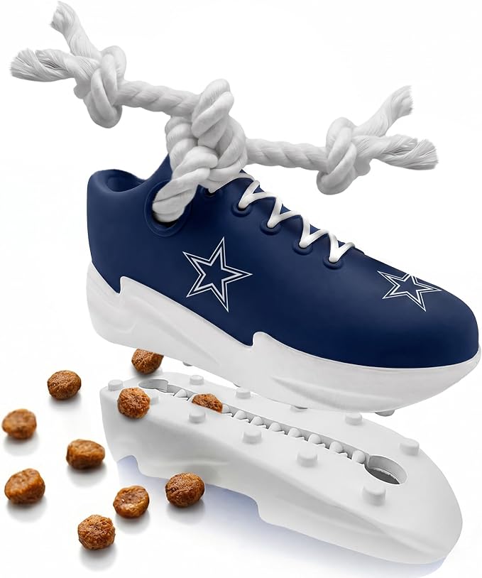 Pets First NFL Dallas Cowboys Cleat Sneaker Spike Dog Toy, Football Treat Dispenser Chew Toy for Dogs, Interactive Rope Tug Toy, Slow Feeder Natural Rubber Dog Toy with Official Team Logo