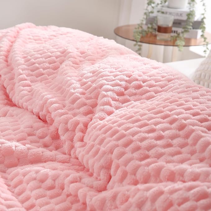 Puncuntex Light Pink Throw Blanket 90"×90" Fuzzy 3D Jacquard Decorative | Flannel Fleece Super Soft Plush Cozy Blanket for Couch Sofa Chair Lightweight