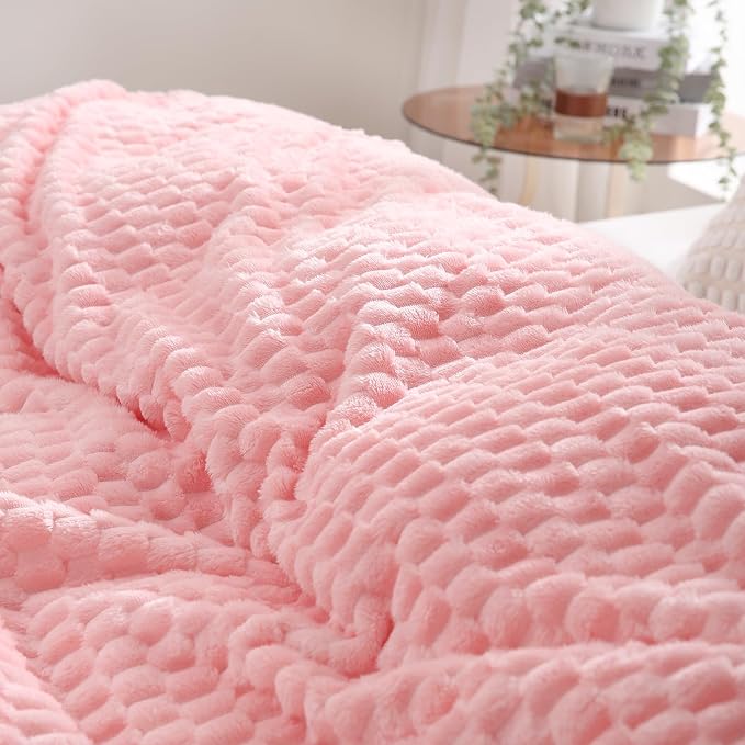 Puncuntex Light Pink Throw Blanket 108"×90" Fuzzy 3D Jacquard Decorative | Flannel Fleece Super Soft Plush Cozy Blanket for Couch Sofa Chair Lightweight
