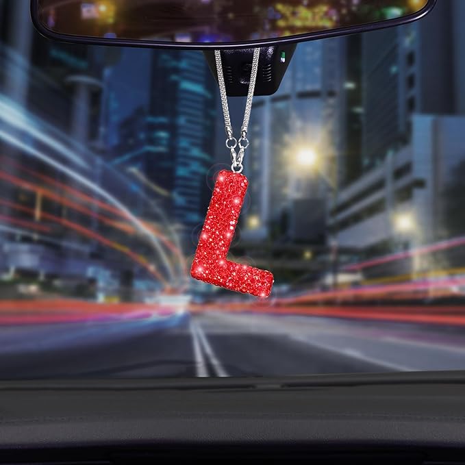 Bling Letter L Car Charm Pendant Letter Hanging Ornament for Rear View Mirror Decoration (Red, L)