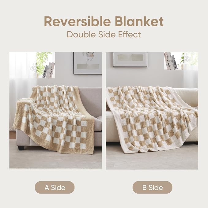 Snuggle Sac Checkered Throw Blanket for Couch, Super Soft, Cozy Warm Knit Blankets, Reversible Fluffy Checker Throws for Sofa, Bed, Checkered Beige, 50x60 Inches