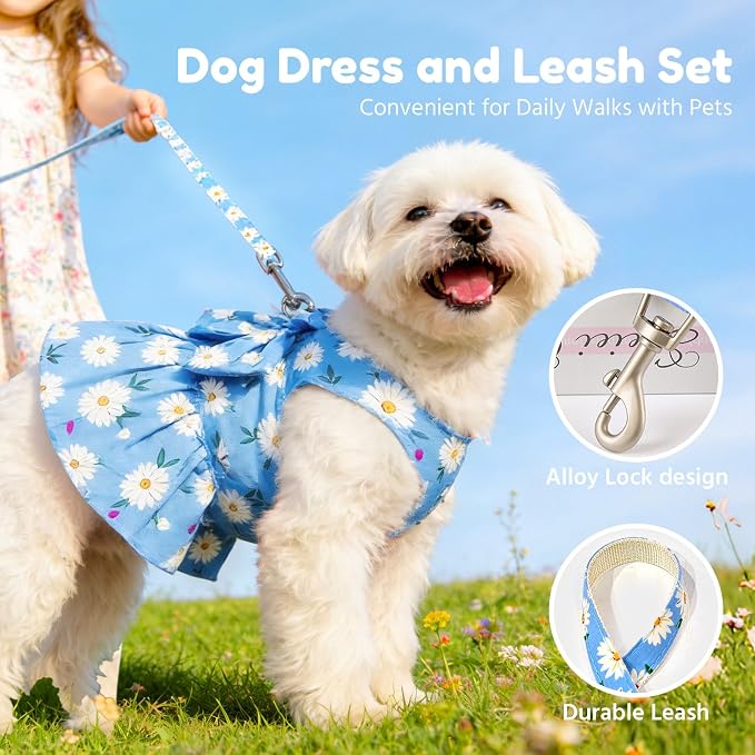 BAEJMJK Dog Dress Bowknot Harness Leash Set for Small Dogs Cats Daisy Floral Girl Dog Dresses Cute Puppy Princess Clothes Pet Doggy Outfits Spring Summer Breathable Dresses(Blue,X-Small)