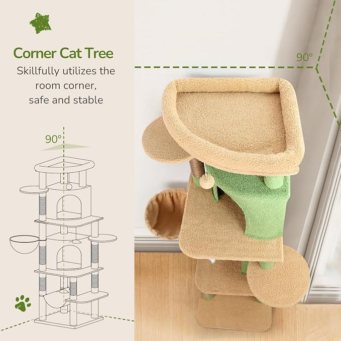 Globlazer 66in Cactus Corner Cat Tree for Indoor Large Cats, C66, Green | Space-Saving Stable Green Cat Tower with 6 Scratching Posts, 2 Large Fan-shaped Condos & Top Perch, Hammock, Climbing Steps