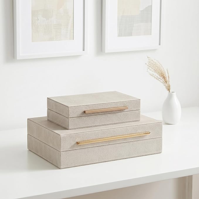 Set of 2 Beige Shagreen Decorative Storage Boxes with Lids PU Memory Boxes | 13.8/9.8inch PU Leather Large Nesting Organizer Bins with Gold Handles for Keepsakes, Photos, Modern Home Decor