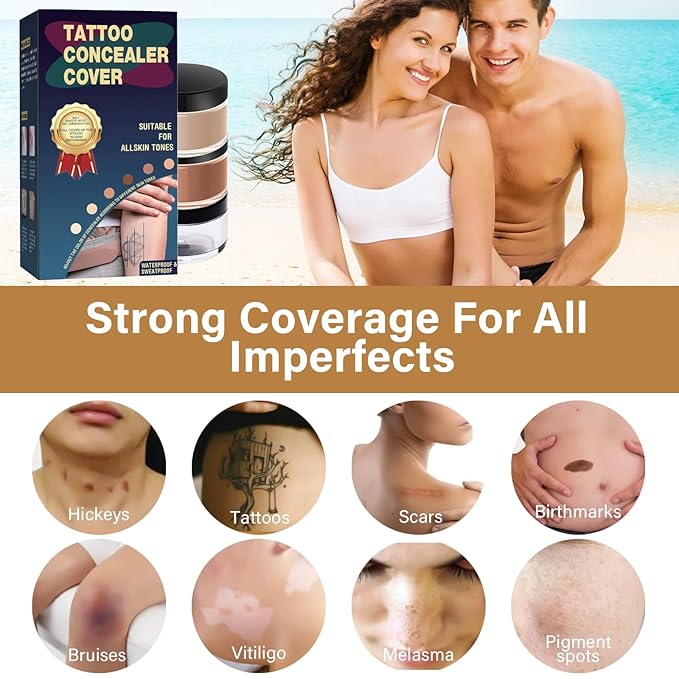 Tattoo Cover Up Makeup Waterproof, 2-Color Tattoo Concealer, Long Lasting Sweatproof Concealers and Neutralizing Makeup for Body, Naturally Cover Tattoos, Scars, Spots, Vitiligo