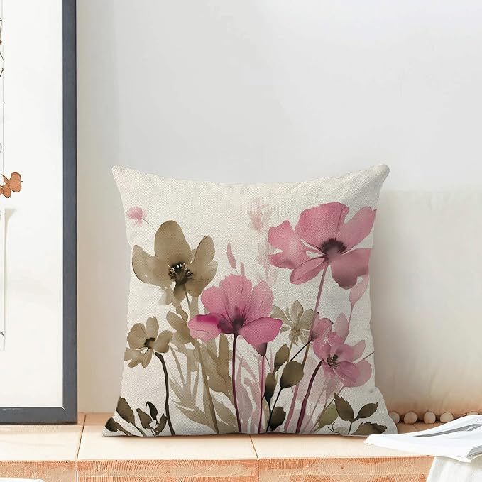 Spring Floral Pillow Covers 18x18 Inches Set of 2 Brown Pink Floral Throw Pillow Covers Outdoor Rustic Summer Flower Decoration Pillowcase Farmhouse Decorative Cushion Cover for Sofa Couch