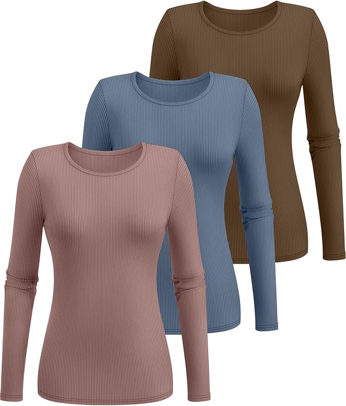 Ficerd 3 Pack Women's Ribbed Long Sleeve Tops, Crew Neck Slim Fit Undershirts Knit Basic Casual Stretch Layering Tee Shirts