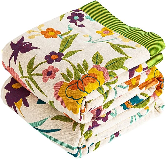 VANJOROY Boho Throw Blanket 50" x 60", 100% Organic Cotton Skin-Friendly Soft Bed Quilt Throw - All Season Floral Rustic Farmhouse Decor Luxury Blanket for Sofa Couch Chair and Gift.