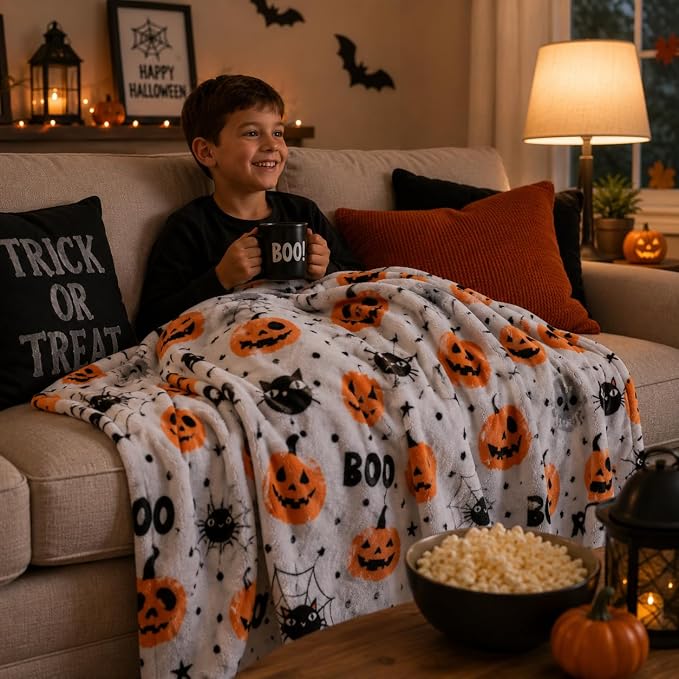 Halloween Fleece Throw Blanket, BOO, Cute Cats & Pumpkins, on Gray, 50x70 | Ultra-soft cozy flannel fleece, for sofa bed couch chair & dorms, spooky Halloween décor, durable and machine washable.