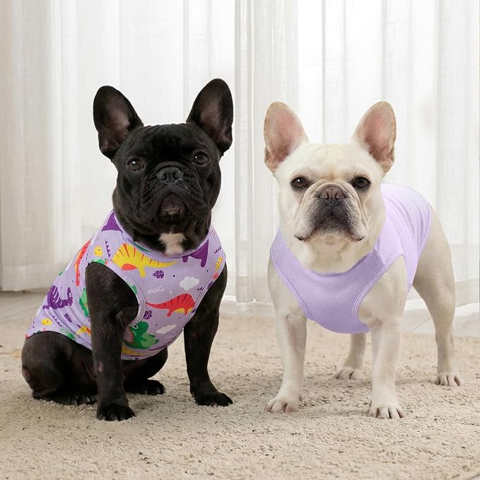 KYEESE 2Pack Dog Shirt, Lightweight Sun Protection Dog T Shirts for Small Dogs Boy Girl, Breathable Mesh Tank Top Sleeveless Pet Reflective Vest, Soft Summer Dogs Clothes, Dinosaur+Purple, M