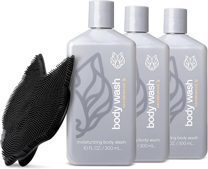 Black Wolf 3-Pack Moisturizing Body Wash & Silicone Body Scrubber Kit for Men - Mens Hydrating Bodywash for Dry, Dehydrated, & Sensitive Skin - Men's Shower & Bathroom Essentials Gift Set