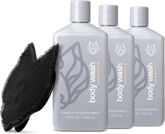 Black Wolf 3-Pack Moisturizing Body Wash & Silicone Body Scrubber Kit for Men - Mens Hydrating Bodywash for Dry, Dehydrated, & Sensitive Skin - Men's Shower & Bathroom Essentials Gift Set
