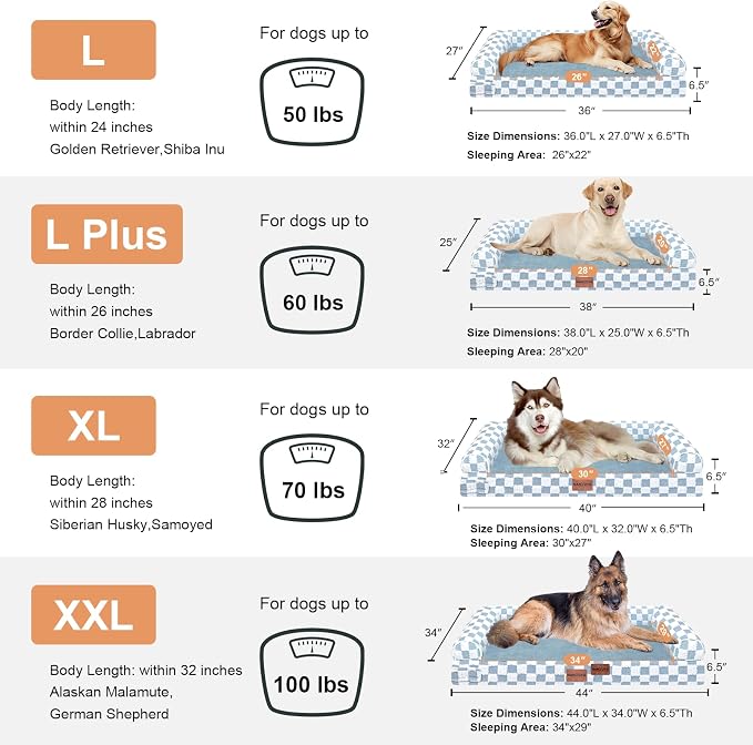 Orthopedic Dog Bed for Large Dogs, 38 x 25 Inch, Blue Grid | Egg crate foam for joint support, 3-sided bolster pet sofa, waterproof lining, washable cover, and non-skid base