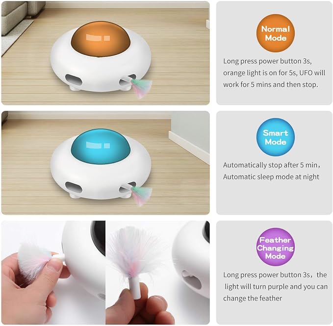 UFO Interactive Cat Toy, Ambush Electronic Cat Toy with Rotating Feather, Automatic Cat Toys Fun Smart Teaser Toy, Exercise Entertainment for Indoor Cats Kitty Catching Training Hunting, Auto On/Off