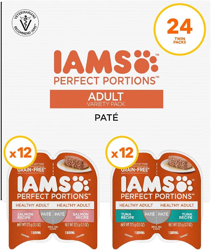 IAMS Perfect Portions Healthy Adult Pate Wet Cat Food, Variety, 24 Count | Grain-free, Omega 6 & 3 Fatty Acids for skin & coat, prebiotics & beet pulp, Vitamin E immune support, 2.6 oz twin-pack trays