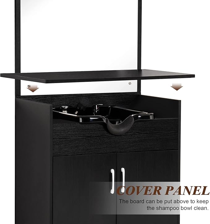 BarberPub Backwash Shampoo Bowl Sink Chair Station with Mirror Salon Styling Cabinet Spa Equipment 3130 (Black)