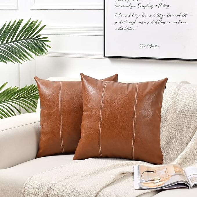 Fancy Homi Brown Boho Faux Leather Decorative Throw Pillow Covers 16x16 Inch for Living Room Couch Bed, Hand Stitched Accent Square Cushion Case 40x40 cm, Luxury Modern Farmhouse Home Decor