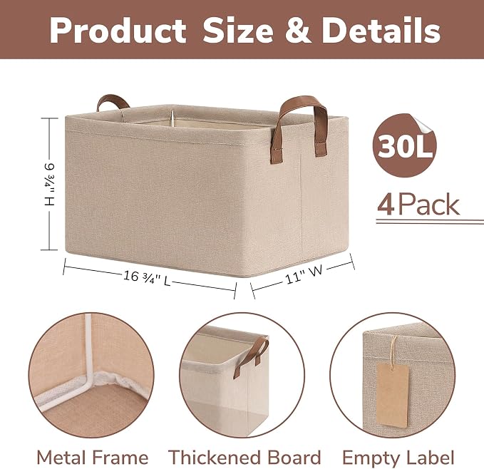 CHICVITA 4-Pack Large Fabric Storage Bins for Shelves, Handles, Brown | 16 ¾" L x 11" W x 9¾" H, Collapsible Design, Clothes, Toys & Books Storage, Closet, Bedroom & Living Room Organization