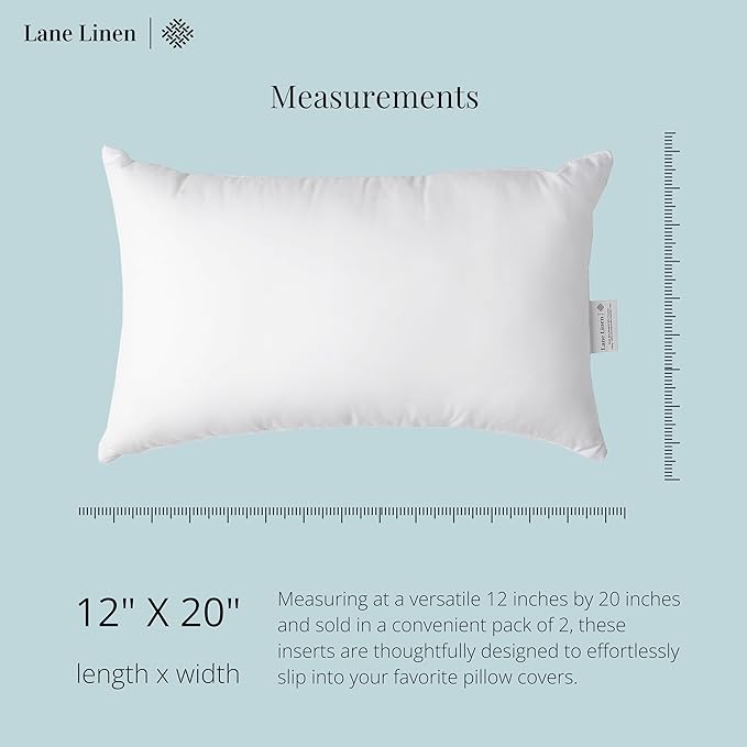 LANE LINEN 12x20 Pillow Insert - Pack of 2 White Decorative Pillows for Sofa Bed, Fluffy Pillow Inserts for Cushion Covers, Bed, Couch Pillows for Living Room | Minimalist Inserts For Lumbar Back Support - Machine Washable, Ultra-Soft 120 GSM Fabric, F...
