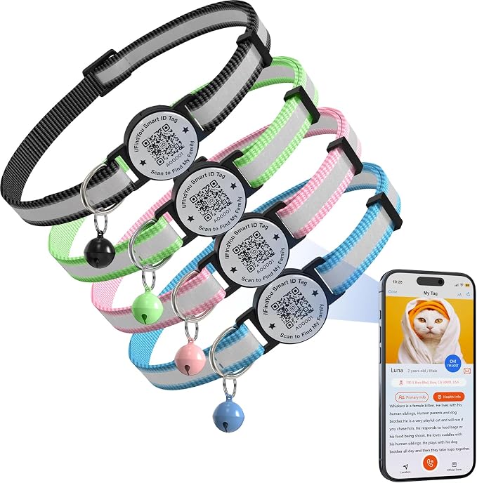 Breakaway Cat Collar QR Code, Reflective Bell, Adjustable Kitten, 4-Pack