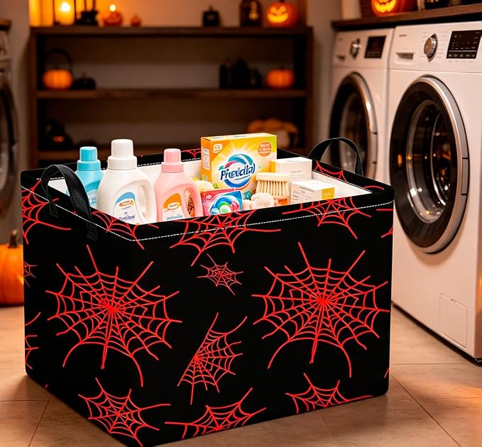 CLOCOR Rectangular Storage Basket Empty,Gift Basket,Waterproof Storage Bin with Handles,Room Decor(Red Spiderweb)