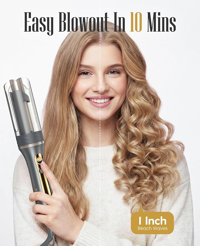 Zavarea Automatic Rotating Curling Iron for Long Hair - 1 Inch Curling Wand for Beach Waves & Loose Curls, Easy Hair Curler for Beginners, Anti-Scald & Frizz-Free, Dual Voltage for Travel
