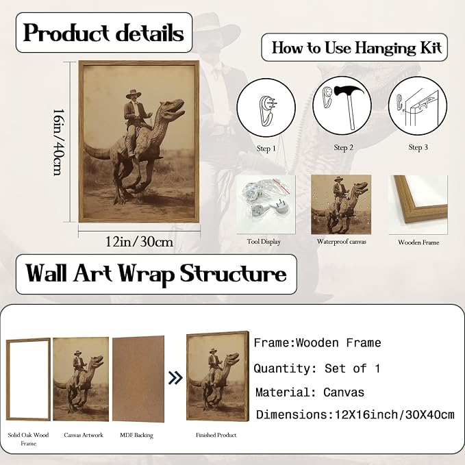 Vintage Dinosaur Cowboy Wall Art Funny Western Jurassic Park Wall Decor Painting, Retro Cowboy Riding Dinosaur Poster Canvas Print Picture for Living Room Bedroom 12x16 inch Wood Framed