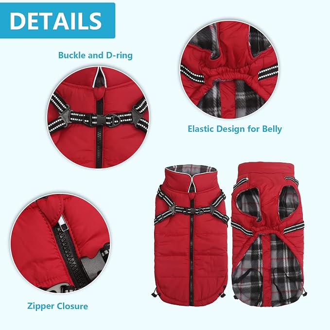 Geyecete Winter Warm Coat Waterproof Dog Winter Jacket with Harness Traction Belt,Pet Outdoor Jacket Dog Autumn and Winter Clothes for Medium, Small Dog-Red-L