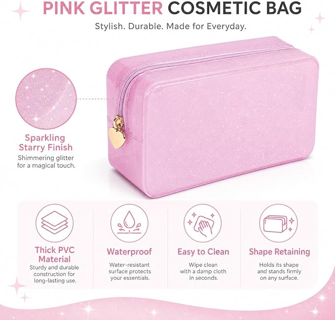 RSRSLEII Stardust Twinkle Jelly Travel Makeup & Toiletry Bag, Waterproof PVC Cosmetic Bag/Case for Women，Zipper SPF Beach Bag for Sunscreen Skincare and Daily Essentials (05Pink-Large)