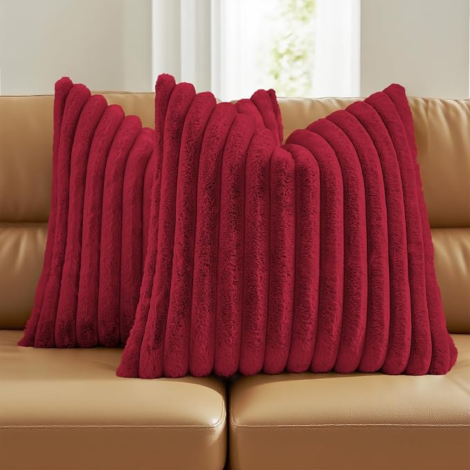FUTEI Pack of 2 Faux Fur Throw Pillow Covers 28x28 Inch, Retro Red | Fluffy Faux Rabbit Fur Front/Premium Velvet Back,Hidden Zipper,Machine Washable,Non-Shedding,Colorfast,Insert Not Included.