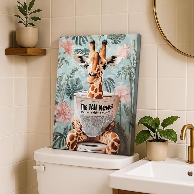 Funny Animal Bathroom Wall Art Set of 3, Cute Giraffe in Toilet Reading Newspaper Wall Decor Paintings Eclectic Giraffe Bathroom Canvas Prints Artwork 12x16 inch Framed