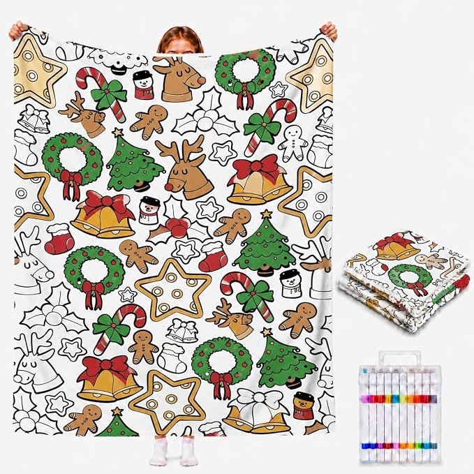 DIY Coloring Blankets with 24 Colors Markers for Adults (95 - Christmas) | Custom Color In Your Own Blankets With 24 Colors Markers, Snuggle Color Sketch Washable Blankets Kit Home Decor