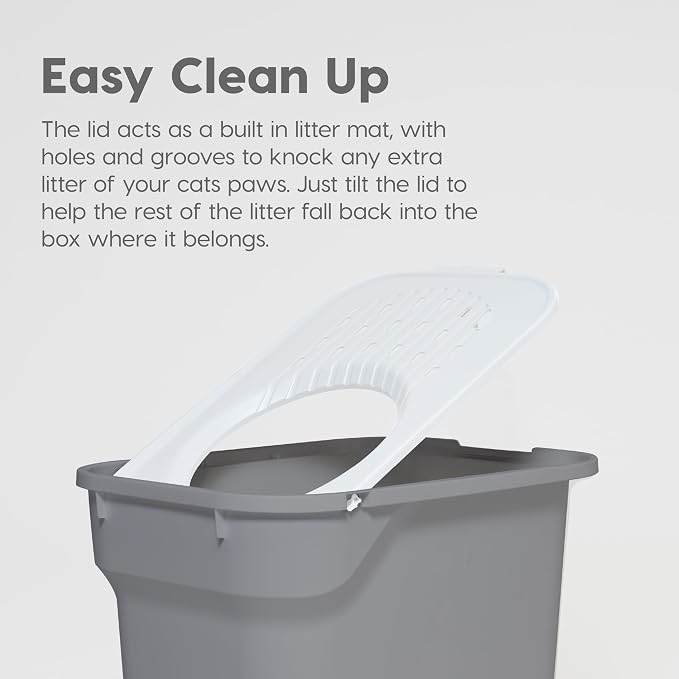 IRIS USA Large Top Entry Cat Litter Box with Lid, Enclosed Covered Cat Litter Box for Indoor Cats, Dog Proof Design, Odor Control, Litter Tracking Reduction, Scoop Included, Gray/White
