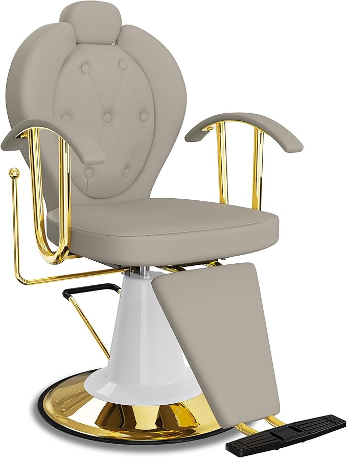 Baasha Reclining Salon Chair for Hair Stylist, All-Purpose Hair Chair with 360° Swivel, Hydraulic Pump, Adjustable Headrest, Heavy-Duty Frame, 440 lbs Capacity - Gray