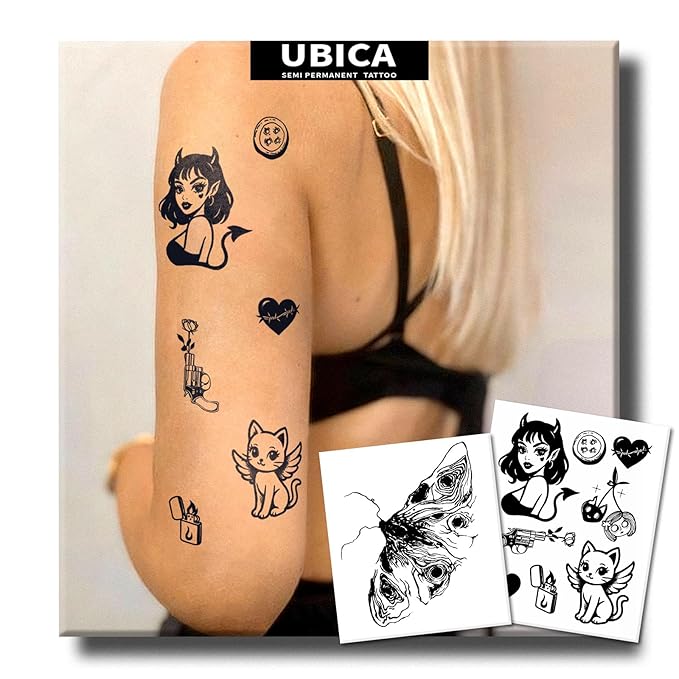 2 Sheets Long Lasting Little Devil Temporary Fake Tattoos For Women Adults Arm Hand Neck,Butterfly Semi Permanent Tattoo For Adults Girl,Realistic, Waterproof and Non-Reflective