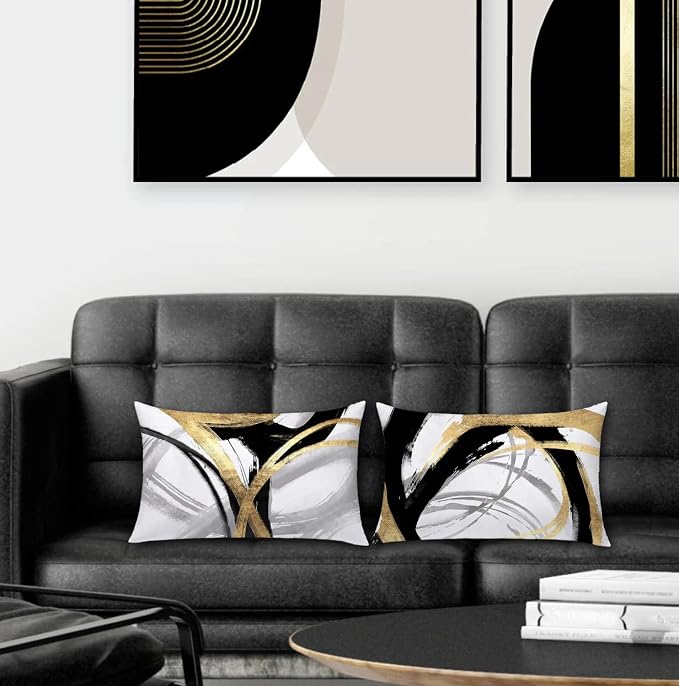 Black White and Gold Pillow Covers, Abstract Black and Gold Pillow Covers 12x20 Set of 2, Modern Boho Home Decor, Black and Gold Decorative Throw Pillows Cover for Couch Living Room Bedroom