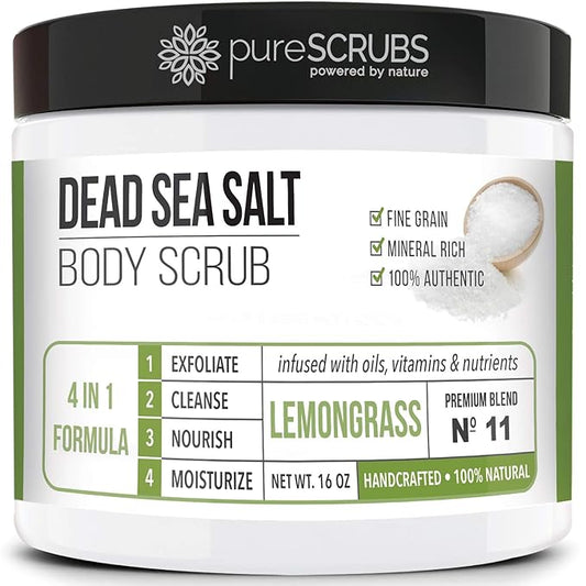 pureSCRUBS Premium Lemongrass Dead Sea Salt Body Exfoliator Scrub, Full Exfoliating Body Scrubber - Large 16oz Jar, Filled With Essential Oils, Includes Spoon, Loofah & Exfoliating Skin Soap
