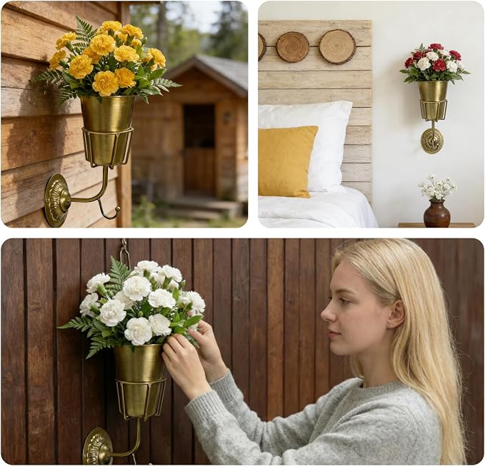 Gold Wall Planter, Wall Vase – 9.84×6.30×4.92 Inches Metal Gold Wall Planter Wall Vase – Hanging Wall-Mounted Flower Pot for Indoor Outdoor Home Decor Living Room Balcony