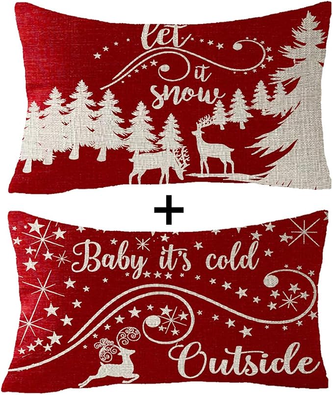 Set of 2, Happy Winter Red Snowflakes Let It Snow Baby It's Cold Outside Animal Elk Merry Cotton Linen Decorative Throw Pillow Cover Cushion Case 12''X20''inches