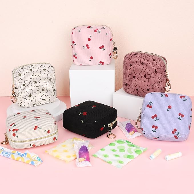 Cute Period Bag for Teen Girls, Corduroy Sanitary Napkin Storage Bag, Menstrual Pad Pouch Tampon Holder for Purse (Cherry-Beige)