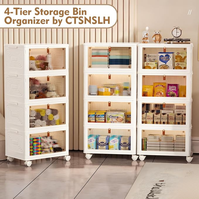 CTSNSLH 4 Tier Plastic Storage Bins with Lid 36QT - Stackable Storage Bins | Organizers and Storage with Wheels, Plastic Storage Cabinet Organization and Storage for Living Room,Office,Dorm