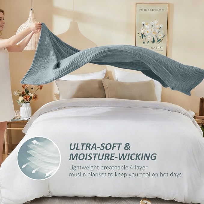 EMME Cotton Muslin Queen Blanket Bed Layering Bedspread Coverlet Breathable Gauze Soft Lightweight (Heather Teal, 90"x90")