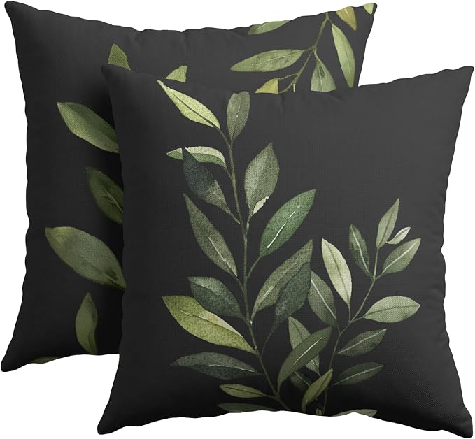 Kawani Green Leaf Throw Pillow Covers 22x22 Inch Set of 2 Spring Summer Plant Leaves Black Decorative Pillow Cases Double Side Printed Cotton Linen Cushion Cover for Couch Sofa Home Decor