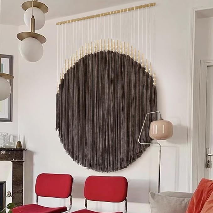Macrame Wall Hanging Brown Geometric Art Beaded HandmadeTassel 39"W*45"L | Boho Wall Art, Handmade Wall Hanging, Modern Decor, Dorm Room Style, Living Room Accent, Office Decoration, Round Wall Art