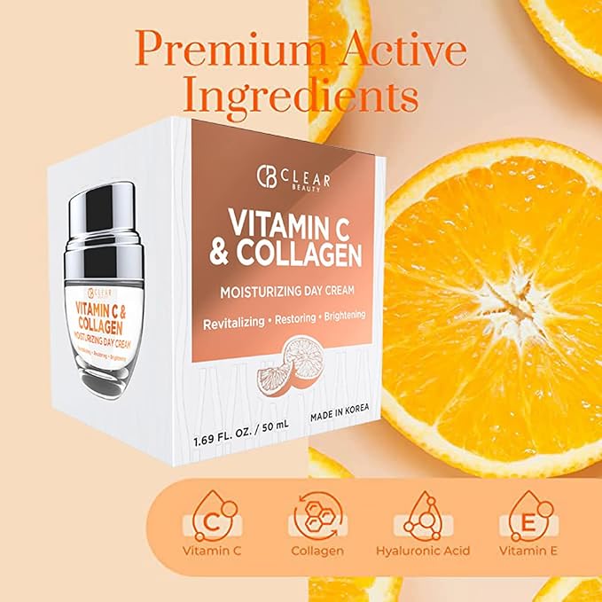 Clear Beauty Vitamin C & Collagen Daily Face Moisturizer - Dermatologist Tested, Restores & Brightens Skin Tone, Firming, Anti-Aging Cream, Cruelty-Free Korean Skin Care, All Skin Types - 2 Pack