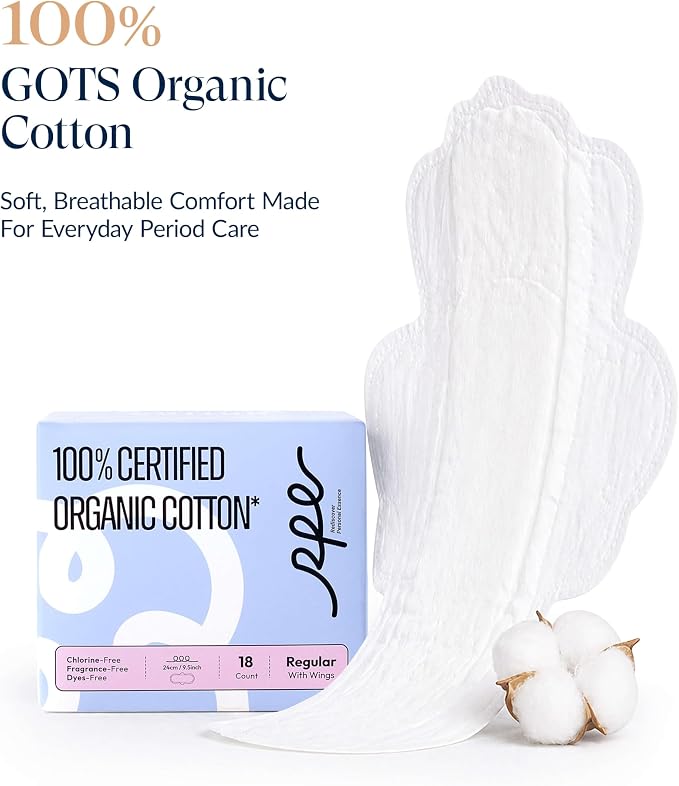 RPE Life 100% GOTS Organic Cotton Menstrual Pads with Wings, 54 Count | Bulk pack menstrual pads with wings; breathable, ultra thin comfort and reliable leak protection for sensitive skin.
