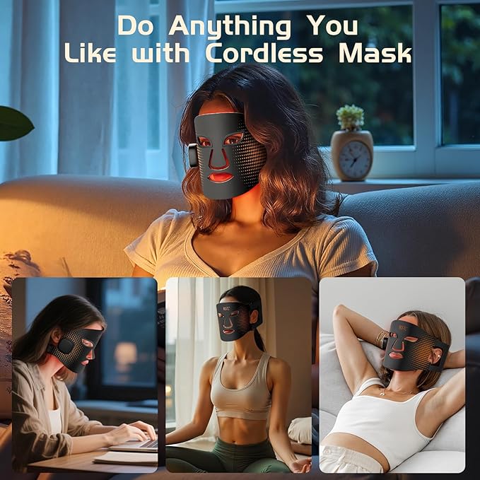 BNU Wireless Led Face Mask Light Therapy, 4 Modes Red Light Therapy for Face with 400 LED Beads, Dual 1000mAh Remote Control, 850NM Infrared Red Light Therapy for Anti-Aging at Home & Travel