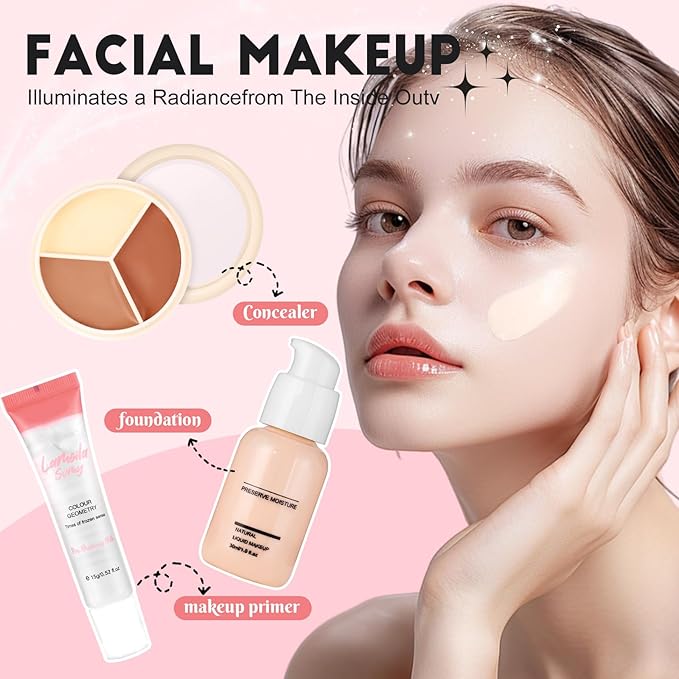 All In One Makeup Kit for Teen Girls Beginners with Foundation,Eyeshadow, Lipstick, Eyeliner, Mascara, Brushes, Bag, Travel Friendly MakeUp Gift Set, Birthday Gifts for Teen Girls, Graduation Gifts