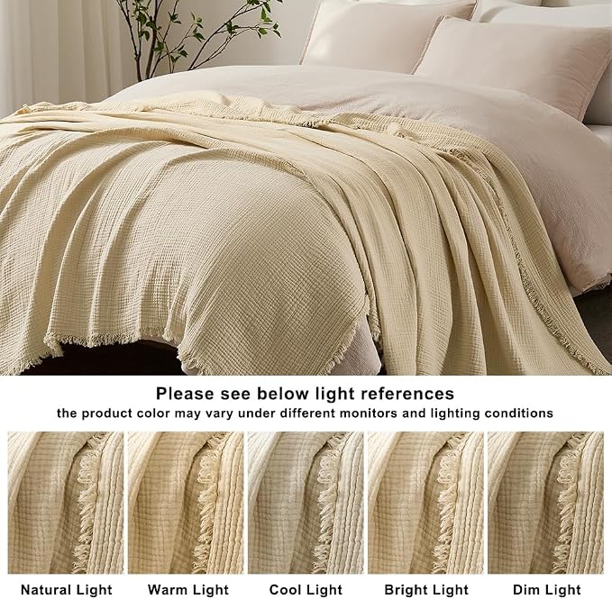 WDCOZY Muslin Throw Blanket 100% Cotton Blankets 4-Layer Breathable Lightweight Soft for Couch Boho Farmhouse Linen Tassels Ruffle Gauze Blankets All Season for Adults 50x60 Inches Beige Tan Neutral