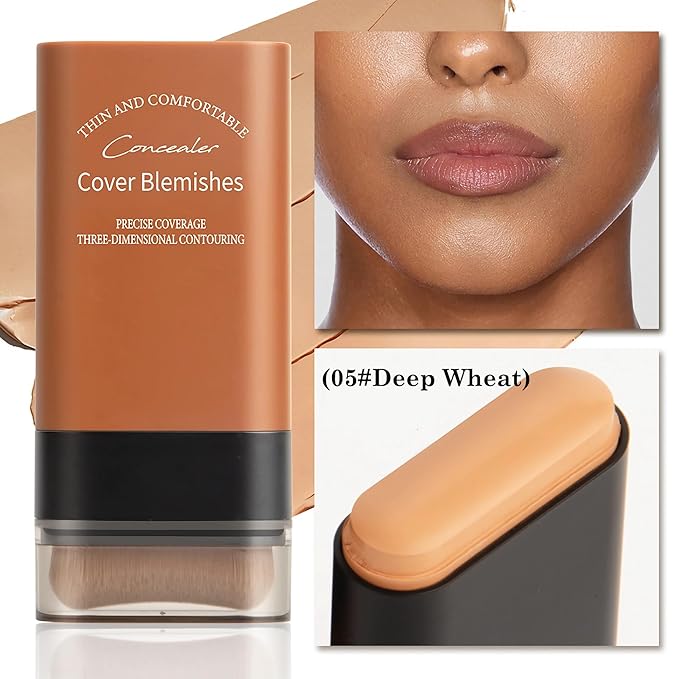 Flawless Face Foundation Stick,Korean Lightweight Hydrating Foundation Contour Stick with Brush,Multi-Use Face Makeup Sticks,Waterproof Thin and Cover Blemishes for All Skin Types (05#Deep Wheat)
